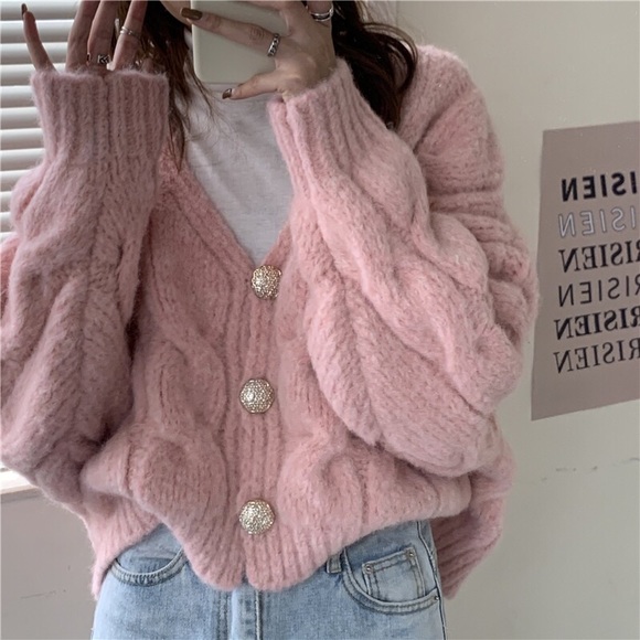 Cardigan sweater cable knit pink cream white womens button long sle… - Picture 6 of 16